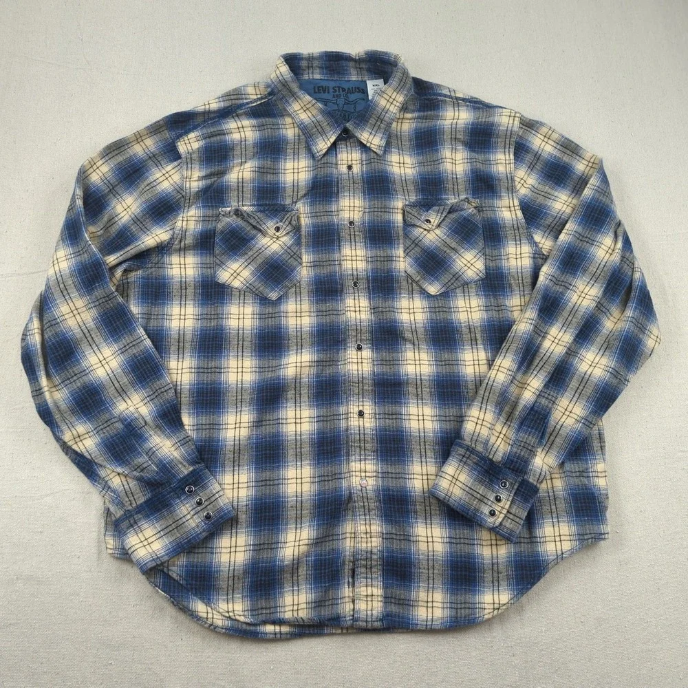 Levis Shirt Mens 2XL Blue Plaid Flannel Pearl Snap Western‎ Cowboy Rodeo